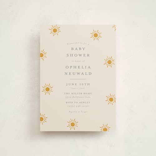 This is a golden sun baby shower postcards with standard by Meggy Masters called sun toss printing on signature in postcard