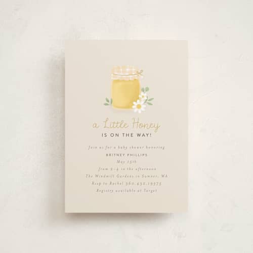 This is a greige baby shower postcards with standard by Itsy Belle Studio called little honey printing on signature in postcard