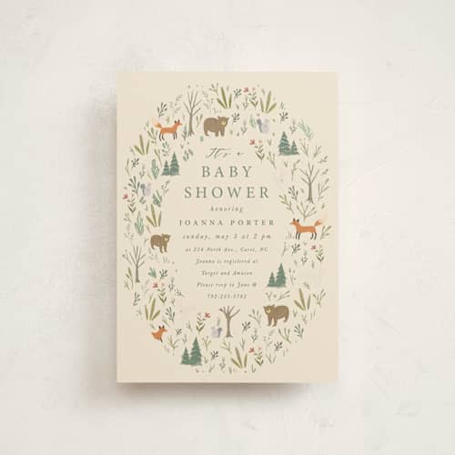 This is a sand baby shower postcards with standard by Hannah Williams called oval forest printing on signature in postcard