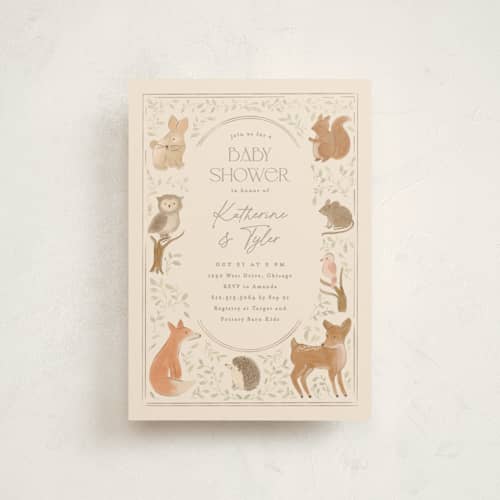 This is a ecru baby shower postcards with standard by Creo Study called woodland storybook printing on signature in postcard