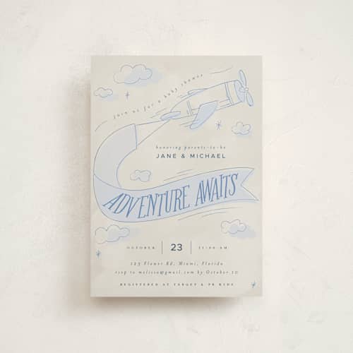 This is a sky baby shower postcards with standard by Vera Lim called fly with me printing on signature in postcard