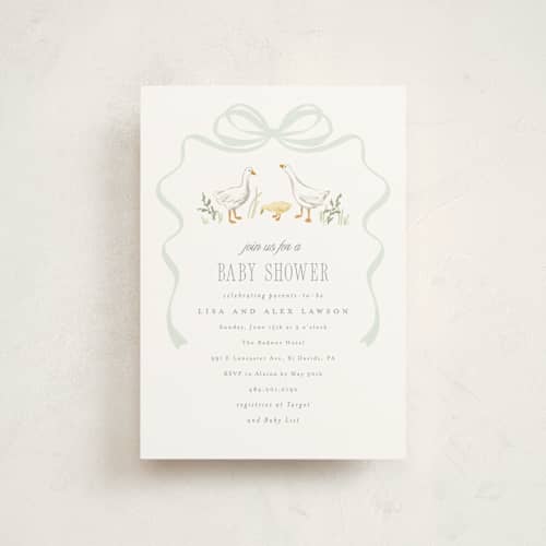 This is a mint baby shower postcards with standard by Everett Paper Goods called storybook geese printing on signature in postcard