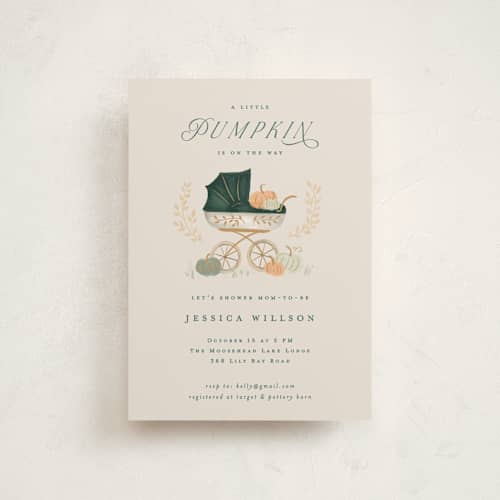 This is a pumpkin baby shower postcards with standard by Petra Kern called pumpkin stroller printing on signature in postcard