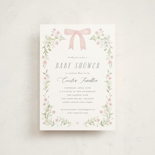This is a blush baby shower postcards with standard by Paper Raven Co. called dainty garden printing on signature in postcard