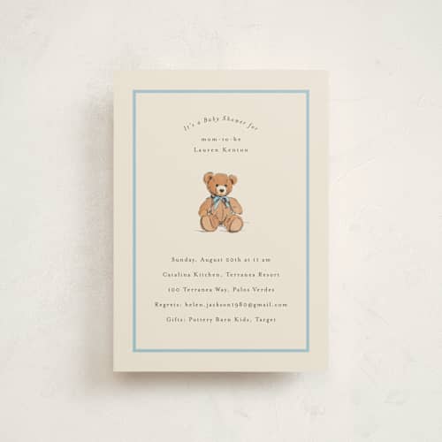 This is a frost baby shower postcards with standard by Becky Nimoy called antique teddy bear printing on signature in postcard