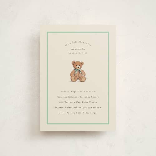 This is a sage baby shower postcards with standard by Becky Nimoy called antique teddy bear printing on signature in postcard