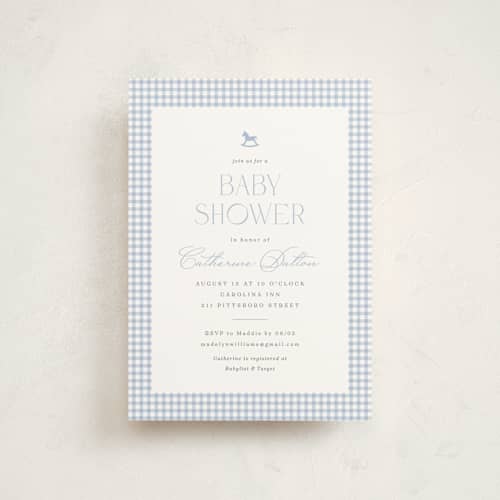 This is a baby blue baby shower postcards with standard by Olivia Raufman called gingham rockinghorse printing on signature in postcard