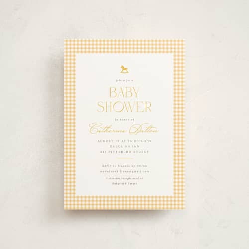 This is a lemon baby shower postcards with standard by Olivia Raufman called gingham rockinghorse printing on signature in postcard