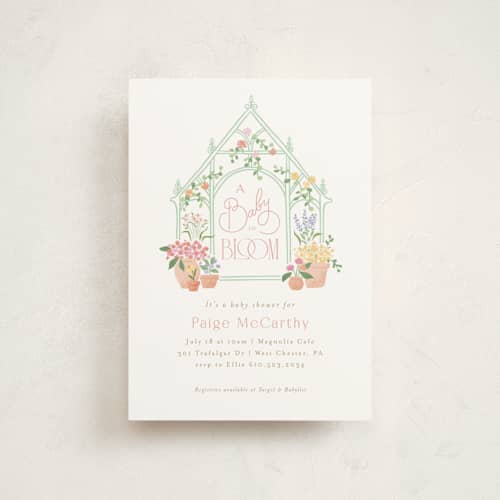 This is a strawberry baby shower postcards with standard by Jennifer Wick called petite greenhouse printing on signature in postcard