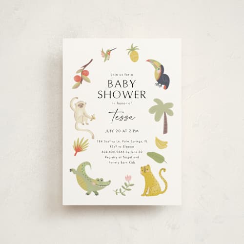 This is a ivory baby shower postcards with standard by Kate Blalock called tropical animals printing on signature in postcard