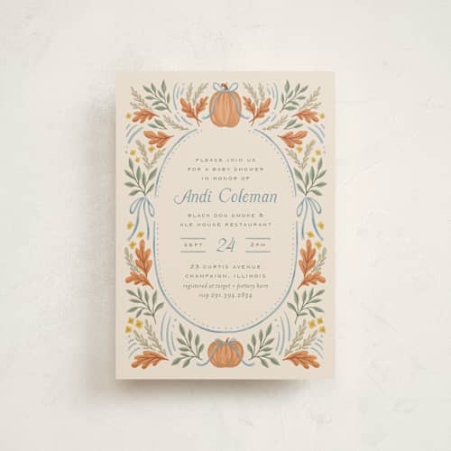 This is a cornflower baby shower postcards with standard by Laura Hankins called pumpkins + bows printing on signature in postcard