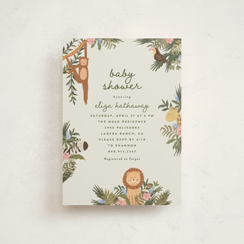 This is a moss baby shower postcards with standard by Joanna Griffin called jungle animals printing on signature in postcard