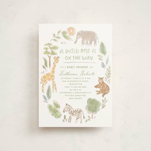 This is a jungle baby shower postcards with standard by Creo Study called a wild one printing on signature in postcard