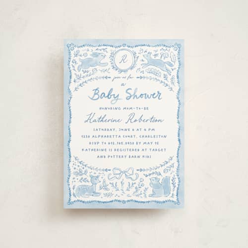 This is a sky baby shower postcards with standard by Creo Study called folk woodland printing on signature in postcard
