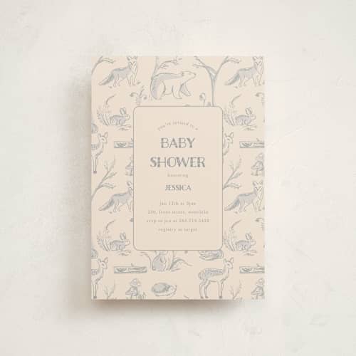 This is a bamboo baby shower postcards with standard by Teju Reval called forest toile printing on signature in postcard