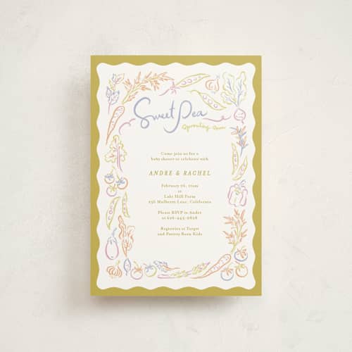 This is a olive baby shower postcards with standard by Natalie Rae called veggie patch printing on signature in postcard