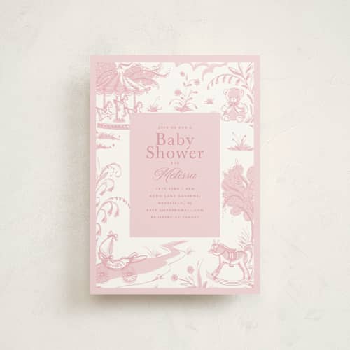 This is a blush baby shower postcards with standard by Teju Reval called baby toile printing on signature in postcard