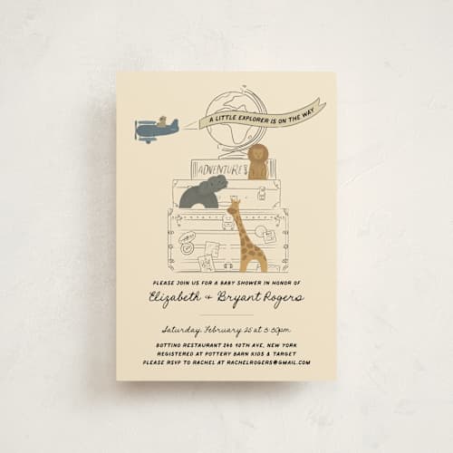 This is a butter baby shower postcards with standard by Jenna Holcomb called little explorer printing on signature in postcard