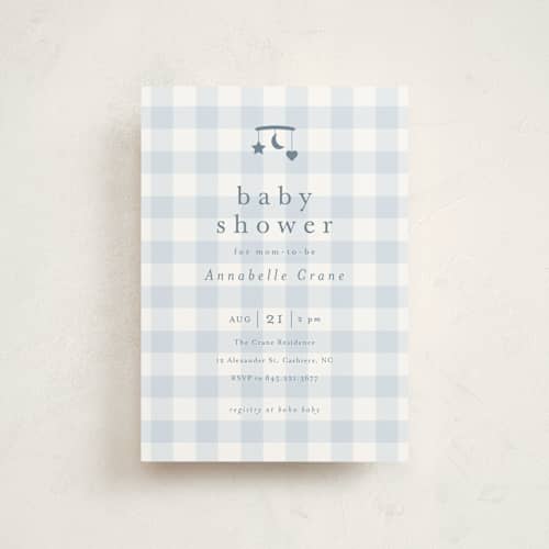 This is a baby blue baby shower postcards with standard by Stacey Meacham called gingham mobile printing on signature in postcard