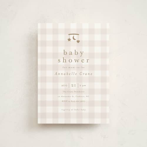 This is a taupe baby shower postcards with standard by Stacey Meacham called gingham mobile printing on signature in postcard