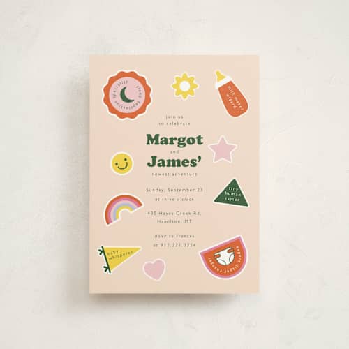 This is a sunshine baby shower postcards with standard by Hudson meet Rose called scout badges printing on signature in postcard