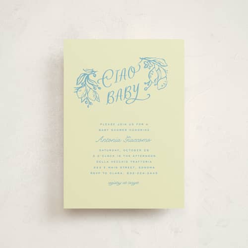 This is a lemonade baby shower postcards with standard by Pati Cascino called ciao baby printing on signature in postcard