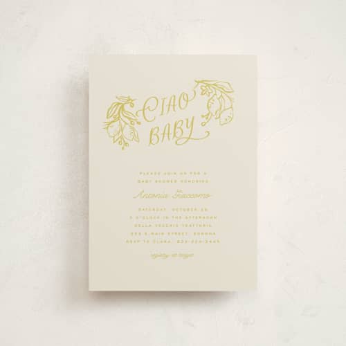 This is a limoncello baby shower postcards with standard by Pati Cascino called ciao baby printing on signature in postcard