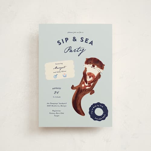 This is a sea baby shower postcards with standard by Gwen Bedat called sip & sea printing on signature in postcard