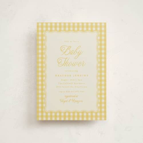 This is a lemonade baby shower postcards with standard by Brianne Larsen called scalloped gingham printing on signature in postcard