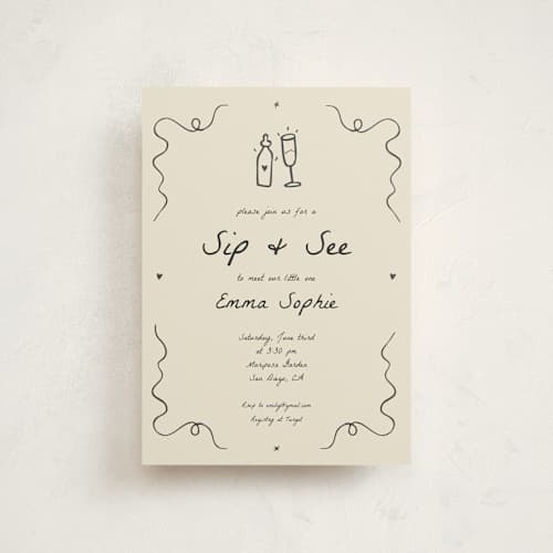 This is a ivory baby shower postcards with standard by Stephanie Heinrich Godbout called doodle sip and see printing on signature in postcard