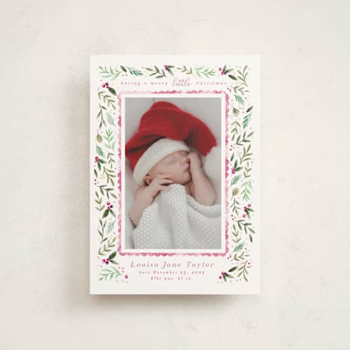 This is a carnation babys first christmas with standard by Alethea and Ruth called merry little christmas greenery printing on signature in postcard