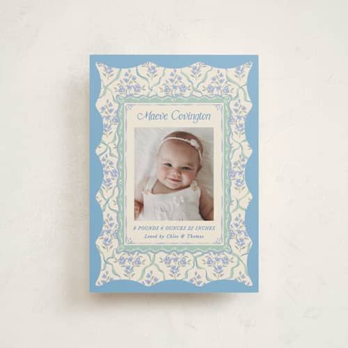 This is a periwinkle petite birth announcements with standard by Jackie Crawford called highgrove printing on signature in petite