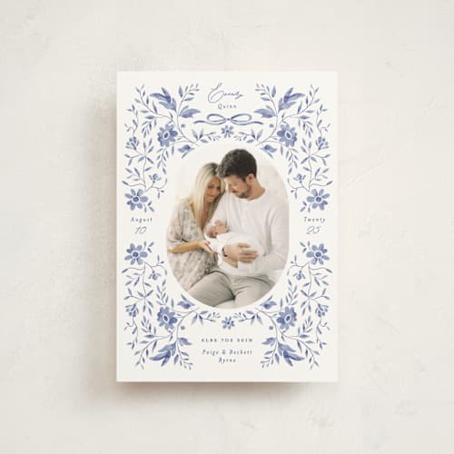 This is a bluebird petite birth announcements with standard by Susan Zinader called daisy toile printing on signature in petite