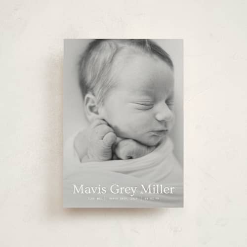 This is a snow petite birth announcements with standard by Bramble Studio called simple in serif printing on signature in petite
