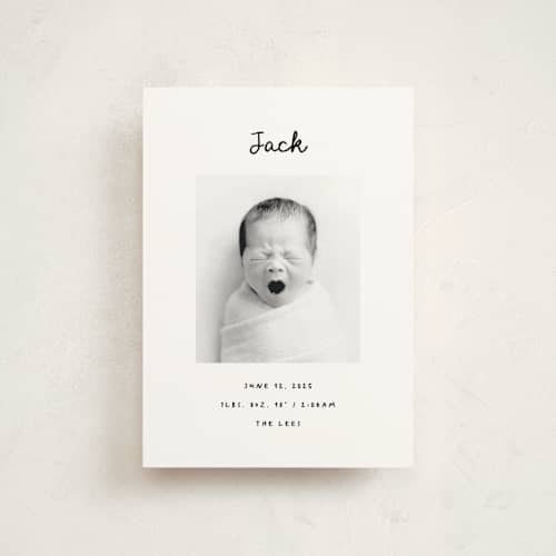 This is a snow petite birth announcements with standard by AK Graphics called cursive printing on signature in petite