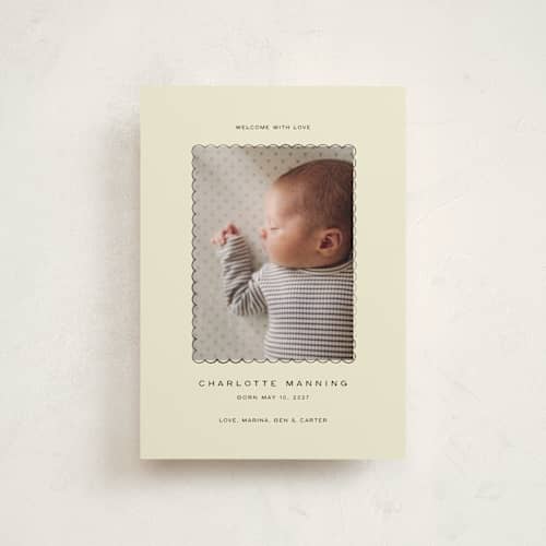 This is a buttercream petite birth announcements with standard by Ani Somi called petal frame printing on signature in petite