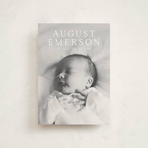 This is a cotton petite birth announcements with standard by Olivia Raufman called bold intro printing on signature in petite
