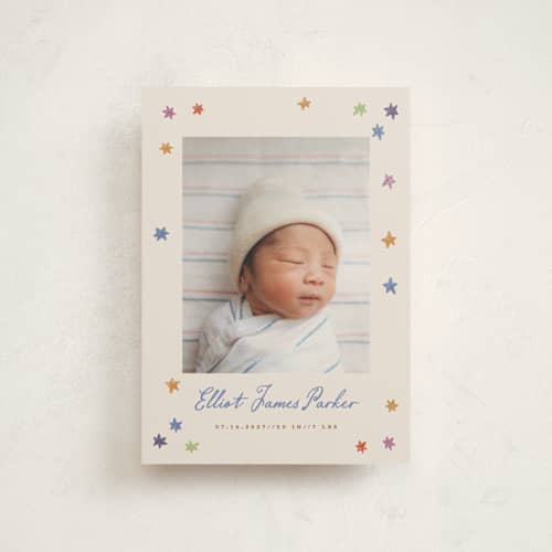 This is a rainbow petite birth announcements with standard by Maja Cunningham called starlight printing on signature in petite