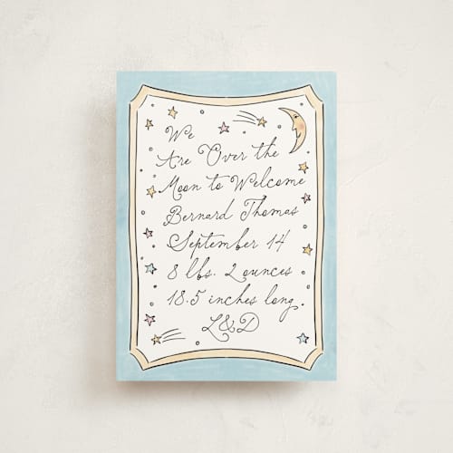 This is a sky petite birth announcements with standard by Ashlee Townsend called over the moon and back printing on signature in petite