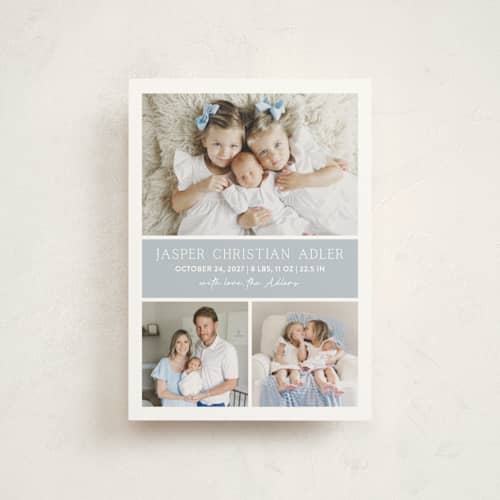 This is a bluebell petite birth announcements with standard by Vanessa Doyle called color block printing on signature in petite