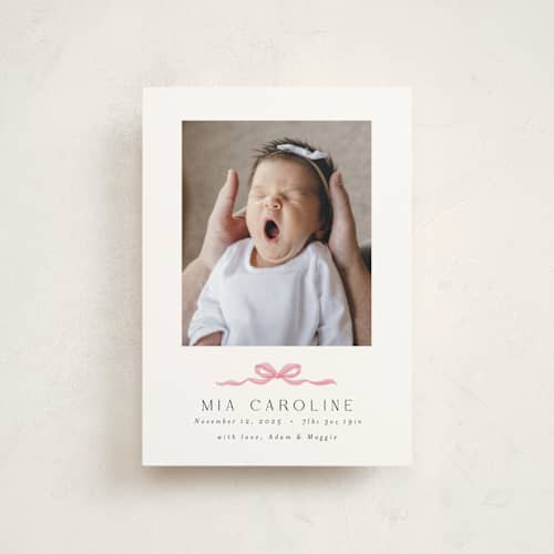 This is a cotton candy petite birth announcements with standard by Paula Pecevich called sweet bow printing on signature in petite