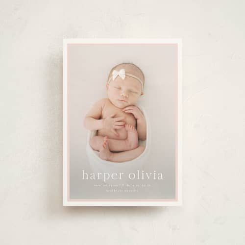 This is a rose petite birth announcements with standard by Alexandra Cohn called portraiture printing on signature in petite