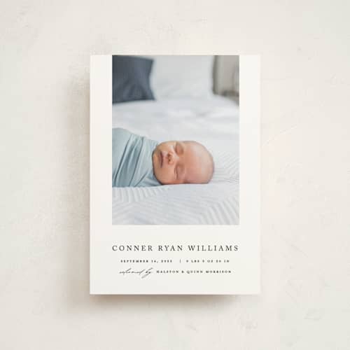 This is a onyx petite birth announcements with standard by Pixel and Hank called dreamer printing on signature in petite