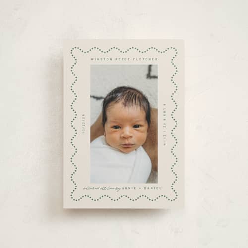 This is a moss petite birth announcements with standard by Kelly Watkins called squiggle: landscape printing on signature in petite