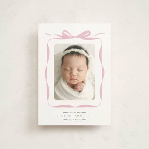 This is a poppy petite birth announcements with standard by Olivia Kanaley Inman called bow printing on signature in petite