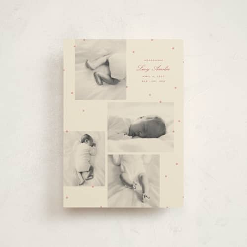 This is a peach petite birth announcements with standard by Ellen Schlegelmilch called tiny polka dots printing on signature in petite