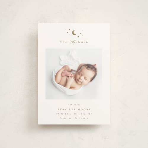 This is a fawn petite birth announcements with standard by AK Graphics called over the moon printing on signature in petite