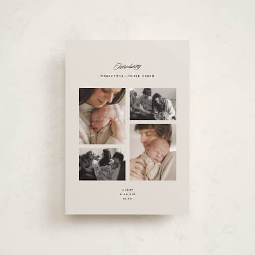 This is a parchment petite birth announcements with standard by Lea Delaveris called story printing on signature in petite
