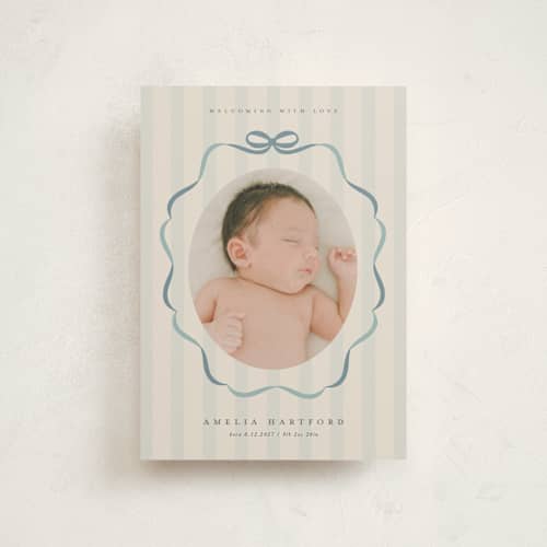 This is a lagoon petite birth announcements with standard by Lori Wemple called bows and stripes printing on signature in petite