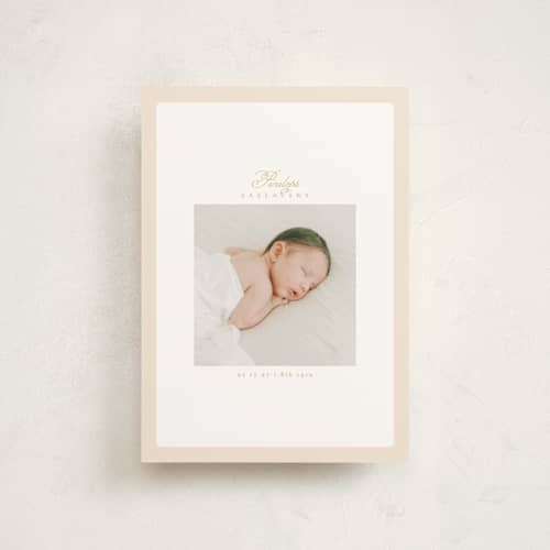 This is a peachy petite birth announcements with standard by Phrosné Barwood called soft frame printing on signature in petite